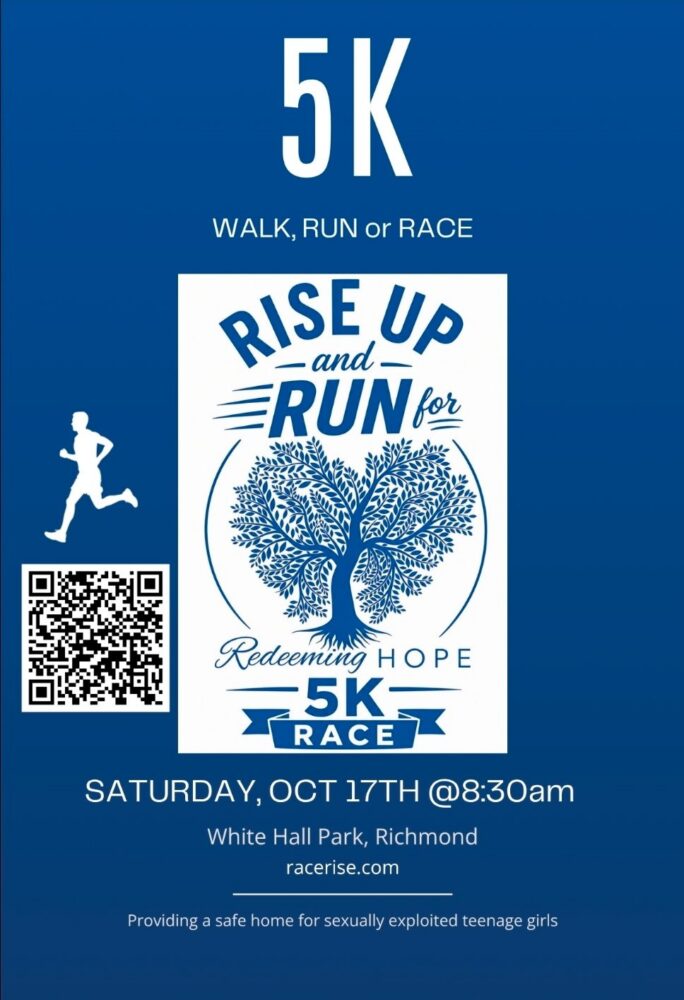 Flyer for the Rise Up and Run for Redeeming Hope 5K Race, Saturday October 17, 2026 at 8:30 a.m., White Hall Park, Richmond, Kentucky. Register at racerise.com.